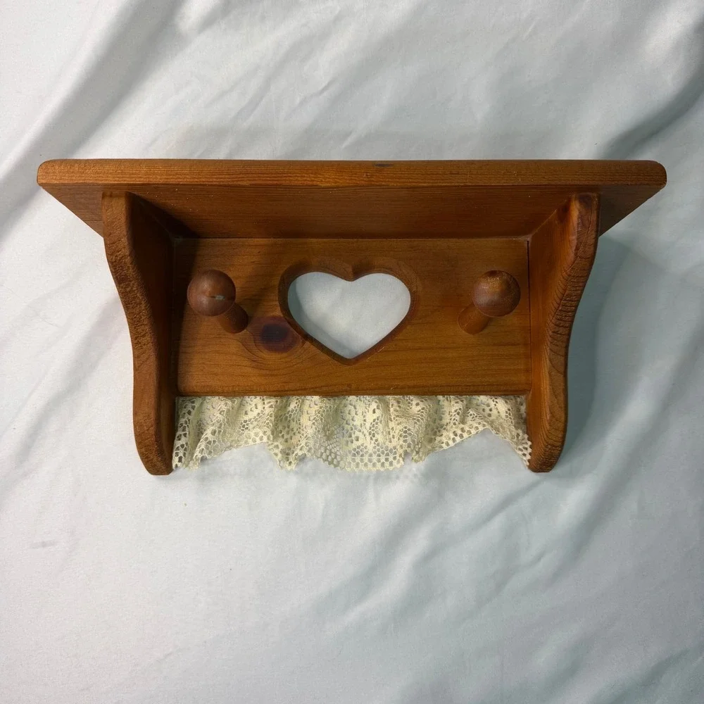 Vintage Wood Heart Cutout Wall Shelf with Peg Hooks and Lace Trim Country Decor
